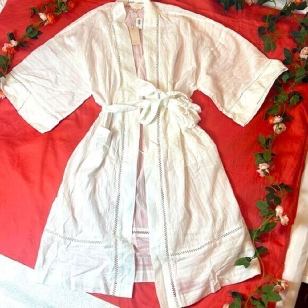 Dreamwell 100% Cotton Dobby Stripe White Kimono Robe Size M/L